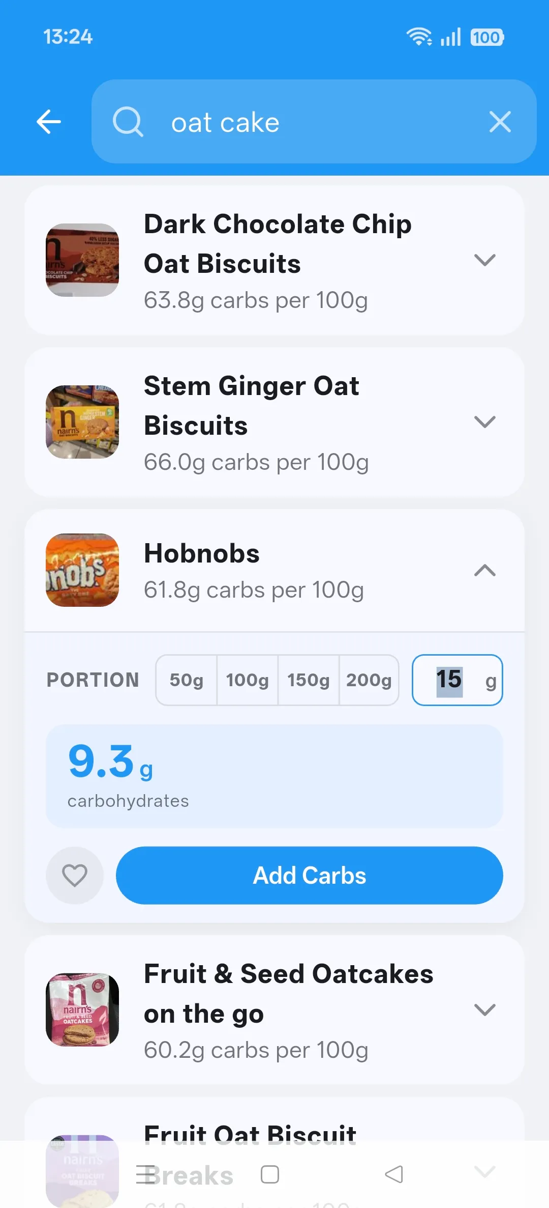12 Carbs Android App Interface - Real App Screenshot